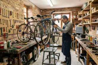 Atelier de réparation de vélos en Maine-et-Loire avec mécanicien en tablier travaillant sur des bicyclettes
