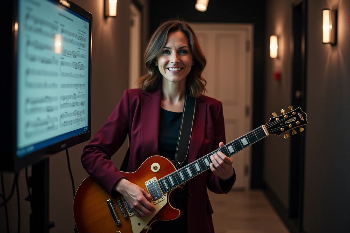 Musicienne avec guitare électrique dans les coulisses d'une émission de télévision musicale