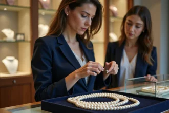 Femme négociant le prix de perles huîtres dans une bijouterie haut de gamme avec un bijoutier professionnel