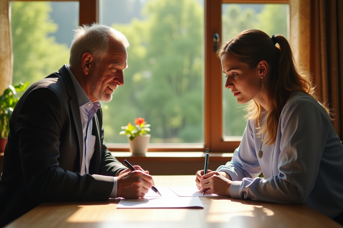 Notaire et propriétaire examinant des documents légaux à un bureau ensoleille