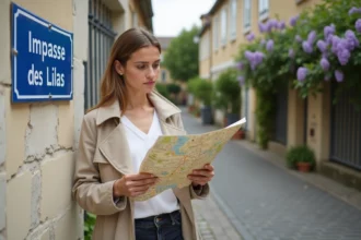 Jeune femme consultant un plan de rue devant le panneau Impasse des Lilas dans un quartier résidentiel français