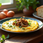 Omelette aux chanterelles sur table en bois rustique