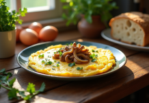 Omelette aux chanterelles sur table en bois rustique