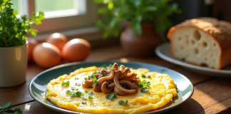 Omelette aux chanterelles sur table en bois rustique