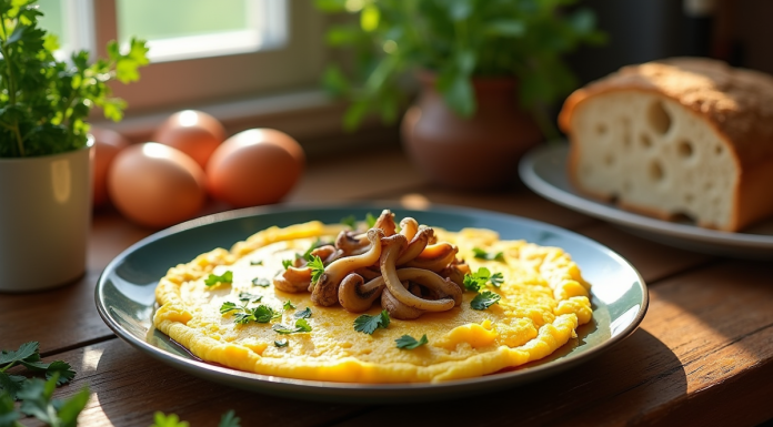 Omelette aux chanterelles sur table en bois rustique