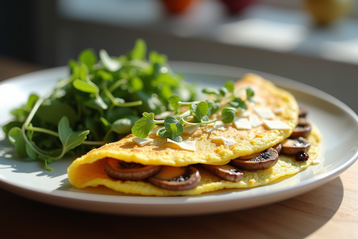 Omelette gourmande avec microgreens et salade verte