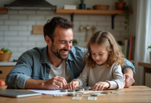 Enseigner la valeur de l’argent à son enfant : astuces pratiques et efficaces Père et fille comptant des pièces dans la cuisine chaleureuse