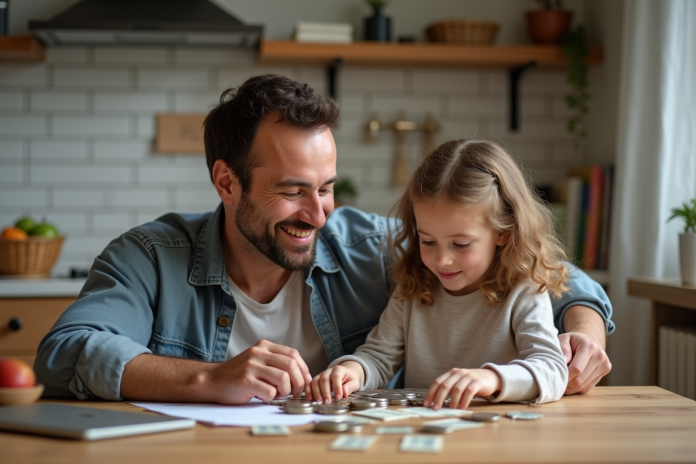 Père et fille comptant des pièces dans la cuisine chaleureuse