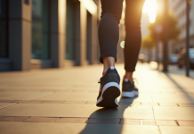 Pieds d'une personne marchant sur un trottoir urbain ensoleille