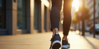 Pieds d'une personne marchant sur un trottoir urbain ensoleille