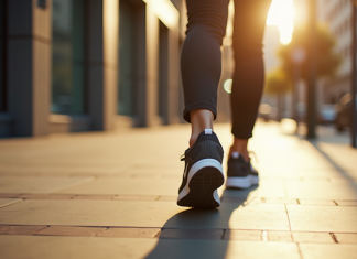 Pieds d'une personne marchant sur un trottoir urbain ensoleille