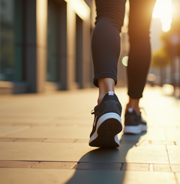 Pieds d'une personne marchant sur un trottoir urbain ensoleille