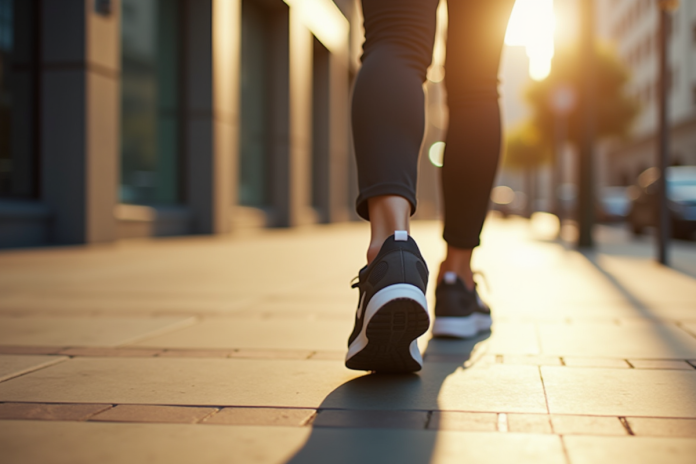 pas-de-course-pied-ville Pieds d'une personne marchant sur un trottoir urbain ensoleille