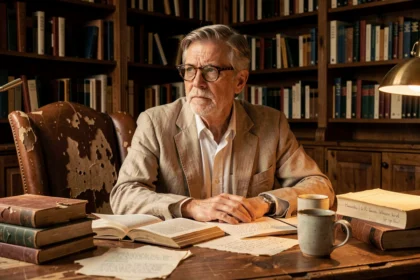 Philosophe mature assis dans une bibliothèque entouré de livres de philosophie, réfléchissant à la définition de l'art