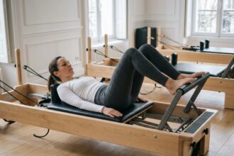 Femme pratiquant le Pilates reformer dans un studio élégant du 8ème arrondissement de Paris