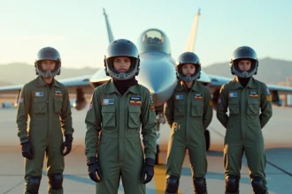 Pilotes d'avion de chasse devant un jet sur la piste