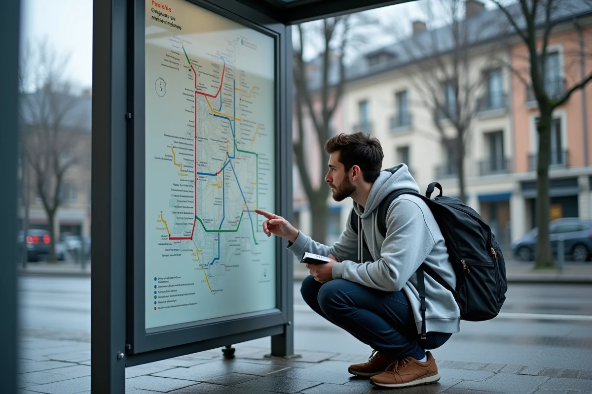 Jeune personne consultant le plan de réseau tram Grenoble affiché à un arrêt sans internet