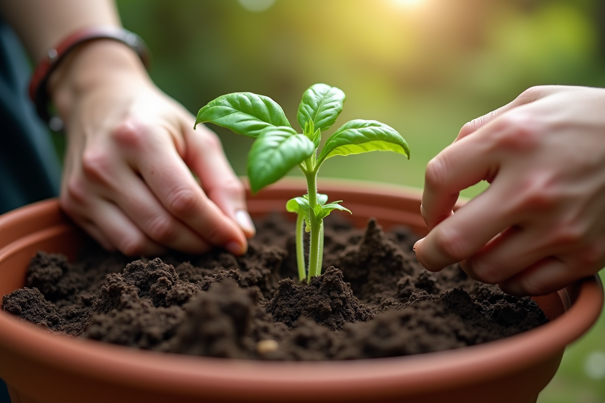 Mains plantant délicatement du basilic dans la terre d’un pot de jardin