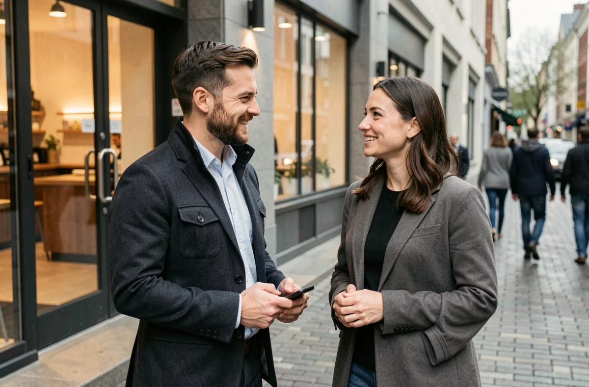 Un homme et une femme se rencontrant pour la première fois devant un restaurant après s'être rencontrés sur une application de rencontre en ligne