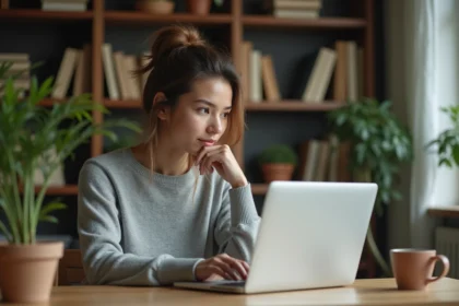 Femme connectée pour la première fois sur un site de rencontres bisexuel depuis son bureau à domicile
