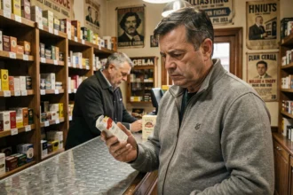 Un homme d'âge mûr examine le prix d'une cartouche de cigarettes dans un bureau de tabac français