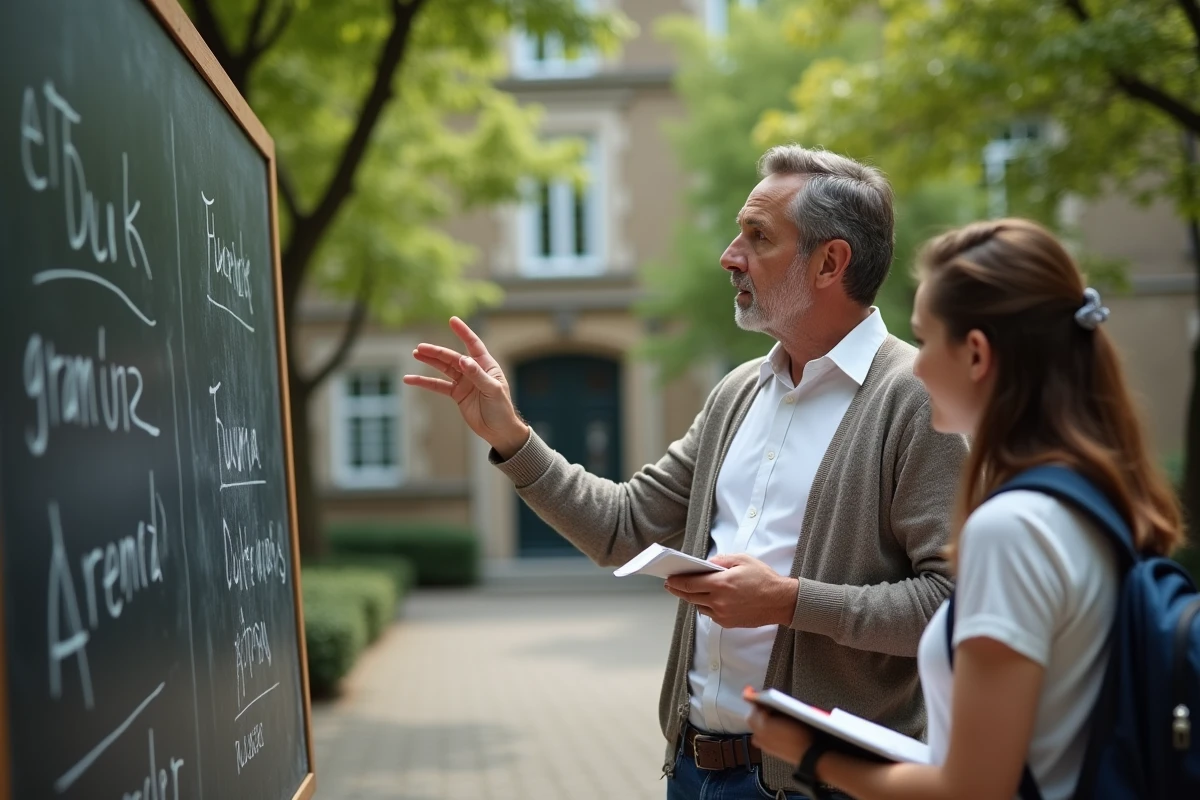 Professeur de français expliquant la grammaire en extérieur