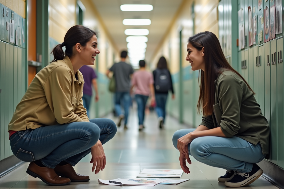 Professeure souriante discutant avec un élève dans le couloir