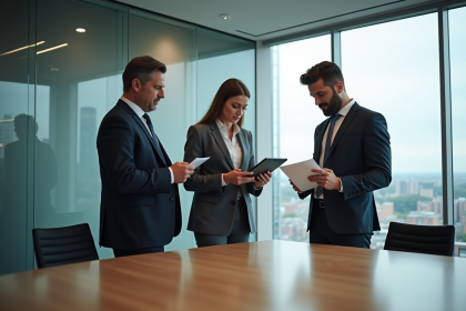 Trois professionnels en réunion dans un bureau moderne