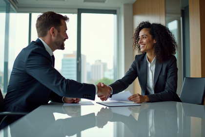 Deux professionnels d'affaires se serrant la main dans un bureau moderne