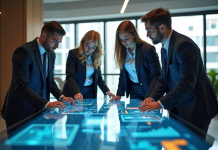 Quatre professionnels collaborant autour d'une table holographique