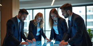 Quatre professionnels collaborant autour d'une table holographique