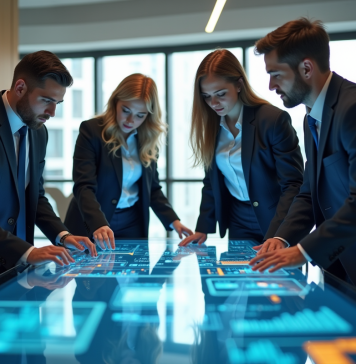 Types de changement technologique : Quatre aspects à connaître pour une stratégie efficace Quatre professionnels collaborant autour d'une table holographique