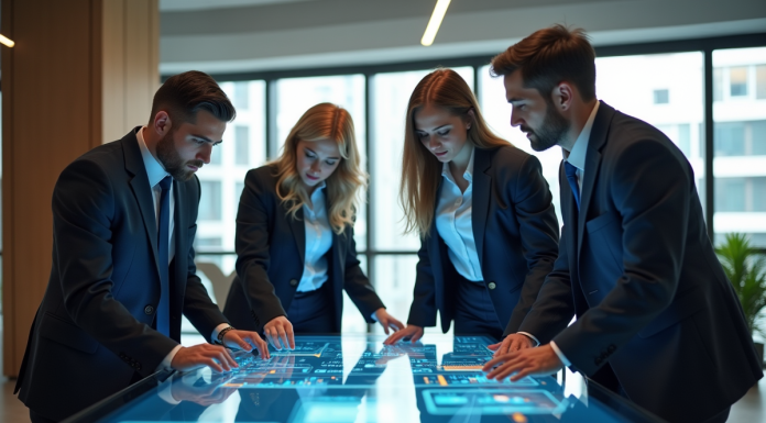 Quatre professionnels collaborant autour d'une table holographique