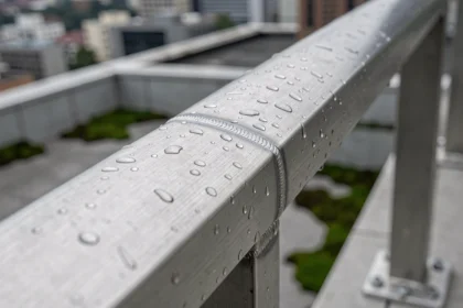Gros plan sur un profil en inox brossé pour balcon extérieur avec gouttes d'eau après la pluie