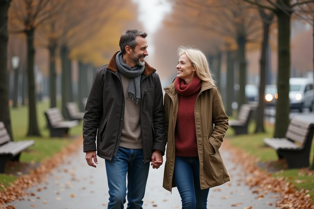 Couple marchant dans un parc en automne souriant