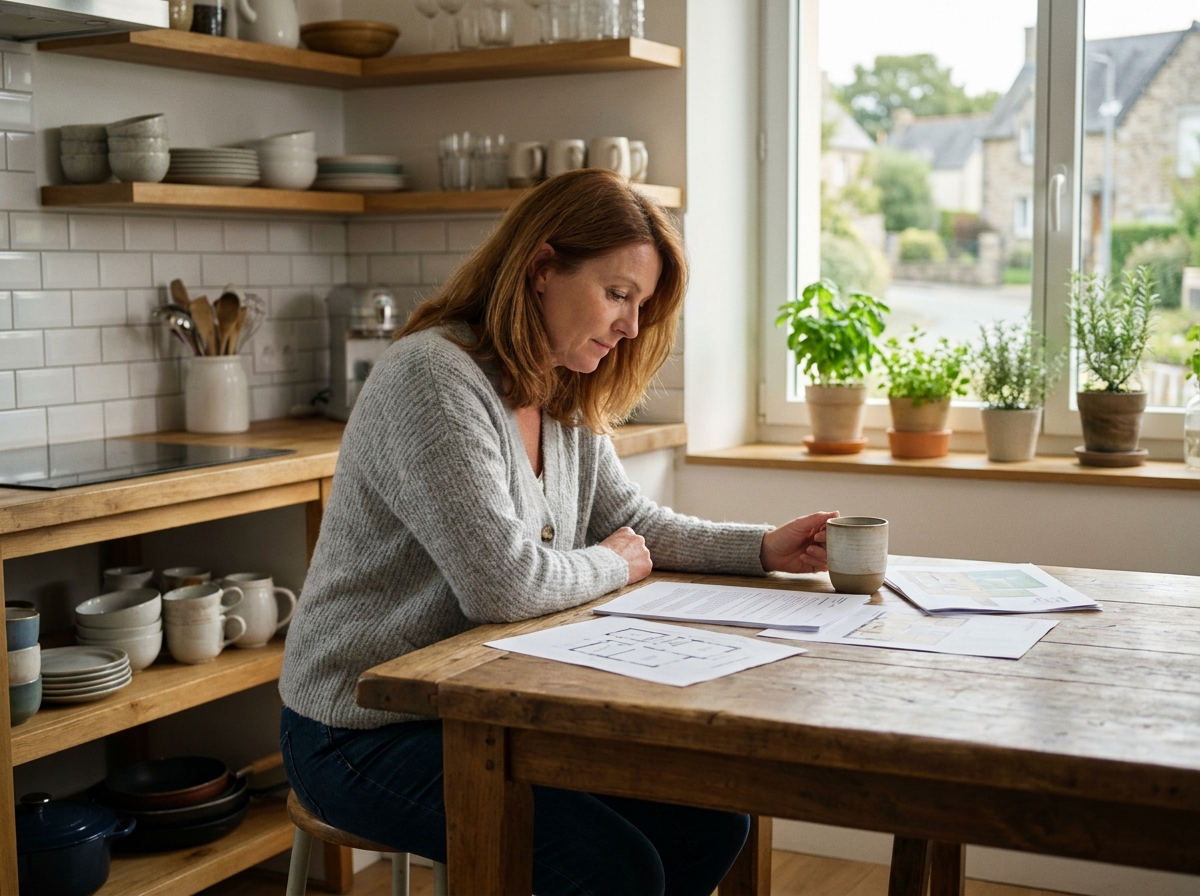 Femme étudiant des documents immobiliers dans la cuisine d'une maison moderne à Cesson-Sévigné