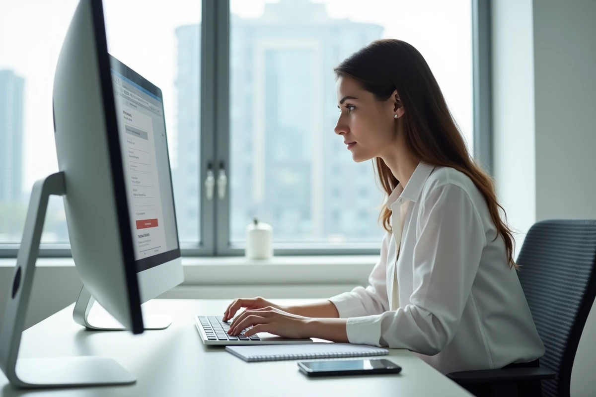 Femme consultant un site de recherche inversée de numéro de téléphone sur son ordinateur de bureau au travail
