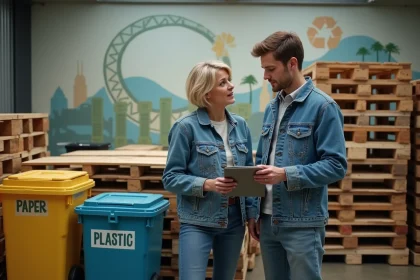 Femme et jeune homme dans un centre de recyclage avec palettes en bois