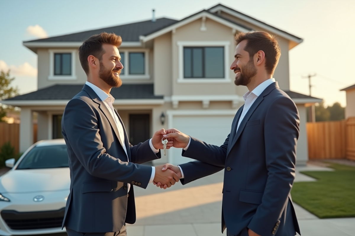 Remise de clés de maison à un professionnel en extérieur