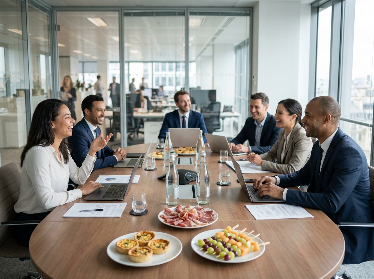 Réunion d'équipe en entreprise à Paris avec un service traiteur professionnel autour d'une grande table de conférence