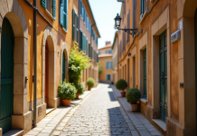 Rue ensoleillée à Aix en Provence avec bâtiments anciens