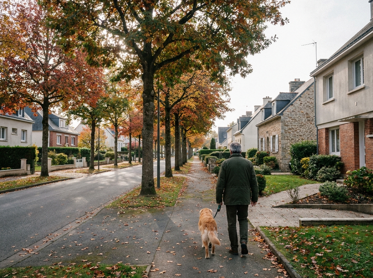 Rue résidentielle paisible de Cesson-Sévigné avec maisons individuelles et arbres en automne