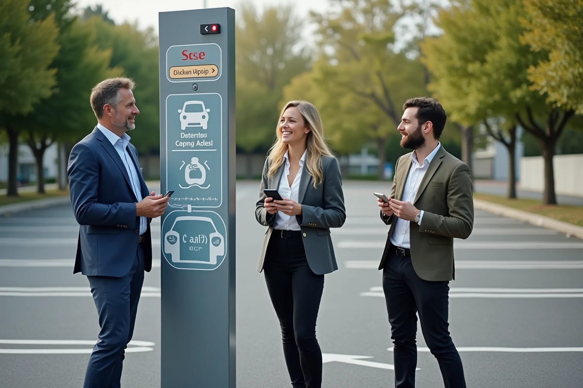 Groupe de salariés près d'un espace covoiturage dans une entreprise à Toulouse engagée dans la démarche Pro-Mobilités