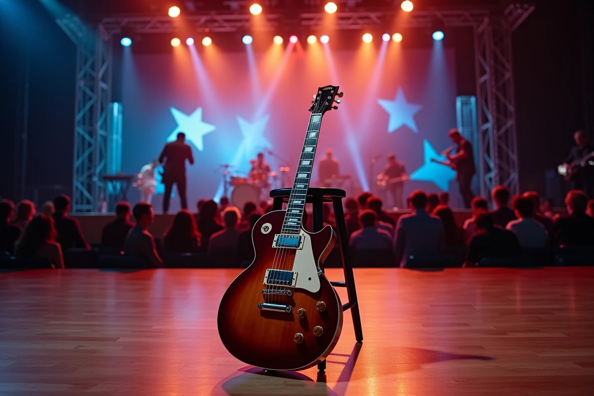 Scène vide d'une émission musicale télévisée avec une guitare acoustique posée sur un tabouret, changement de musicien en cours