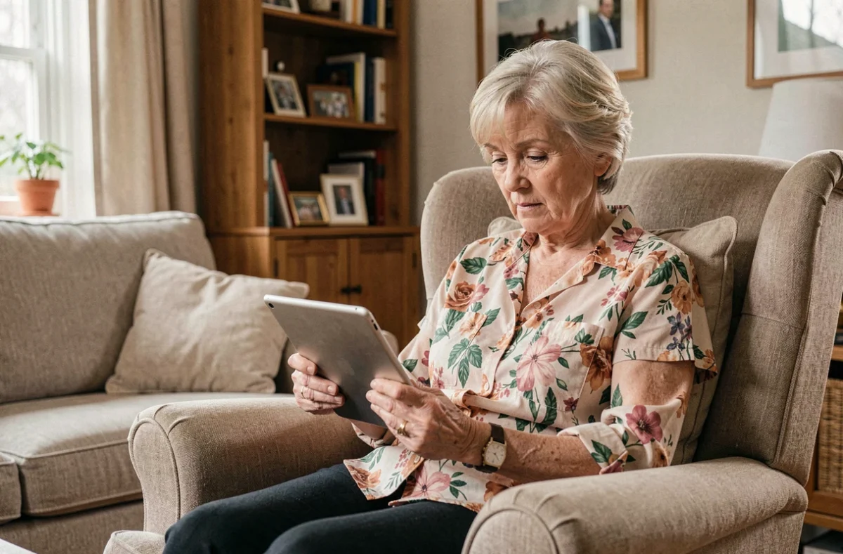 Femme senior recherchant un numéro de téléphone inconnu sur une tablette dans son salon