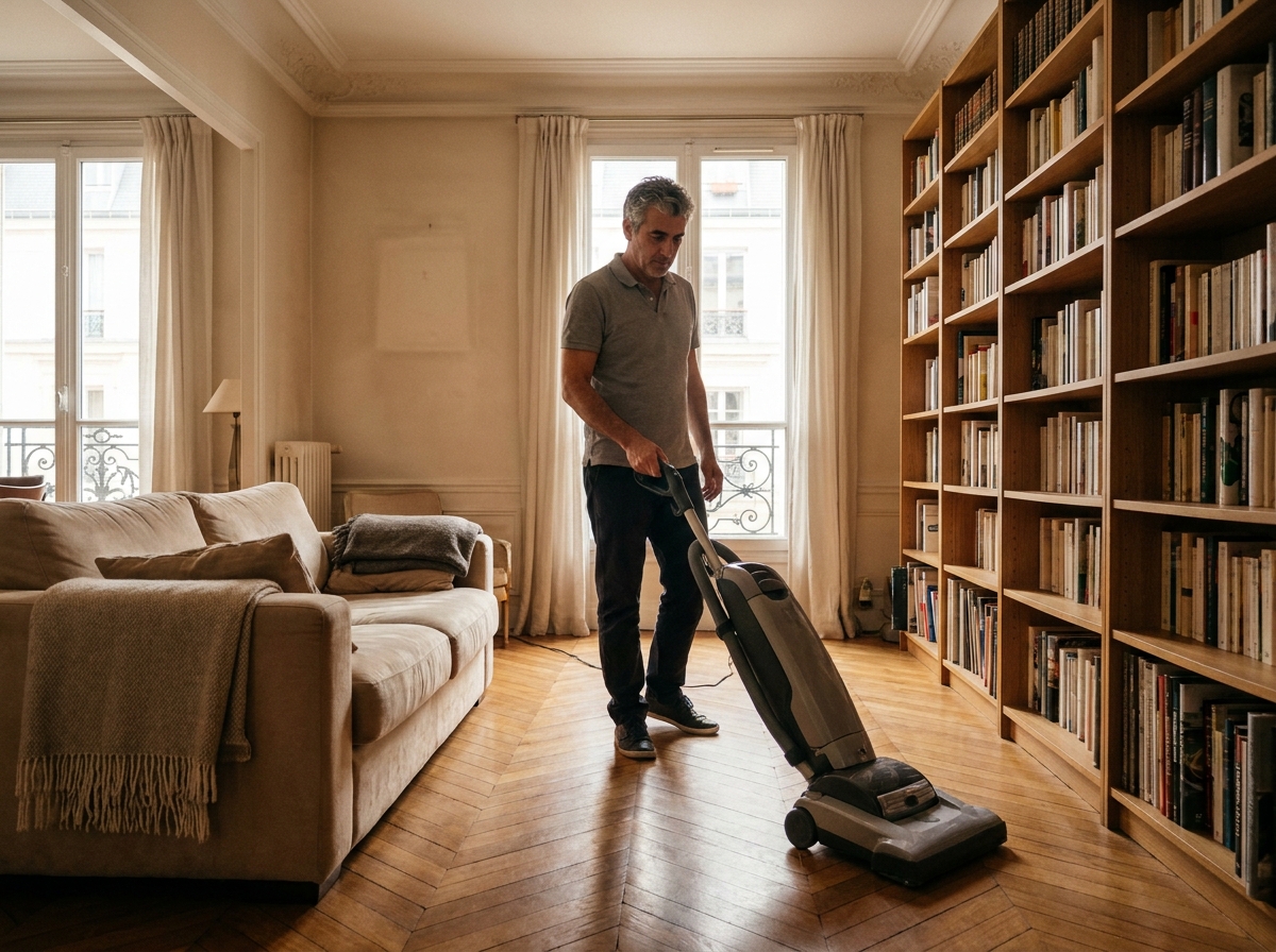 Professionnel du ménage à domicile passant l'aspirateur dans un salon contemporain à Levallois-Perret
