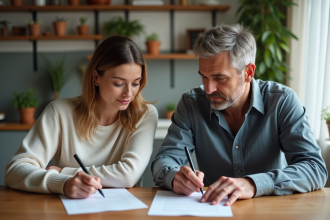 Deux adultes signant un contrat dans une cuisine moderne