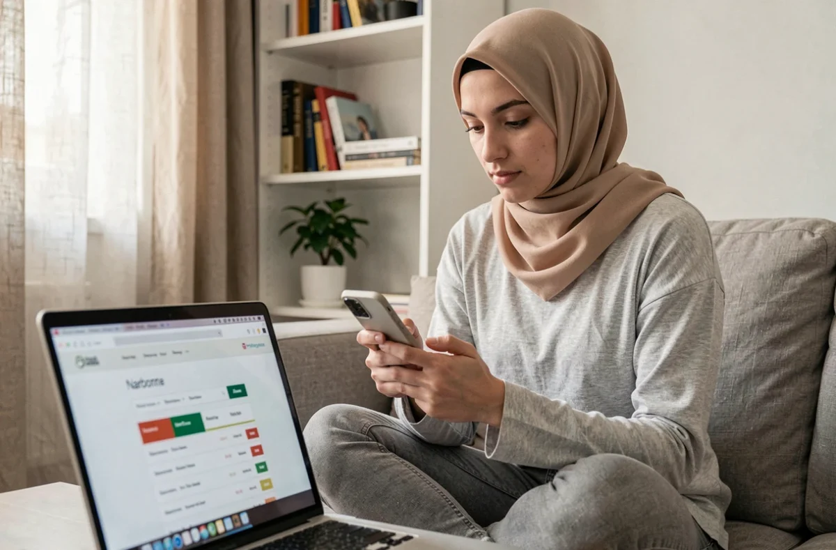 Femme comparant site web et application mobile pour les heures de prières islamiques à Narbonne depuis son domicile