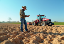 Agriculteur examinant un sol sec en champ sous ciel bleu
