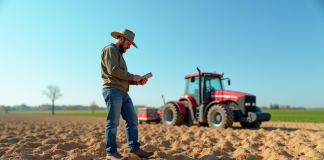 Agriculteur examinant un sol sec en champ sous ciel bleu